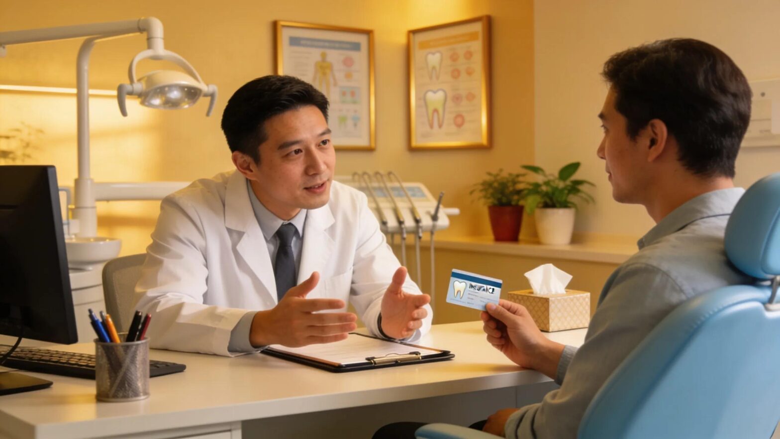 Dental professional assisting a patient with claim discussions in a warm dental office setting